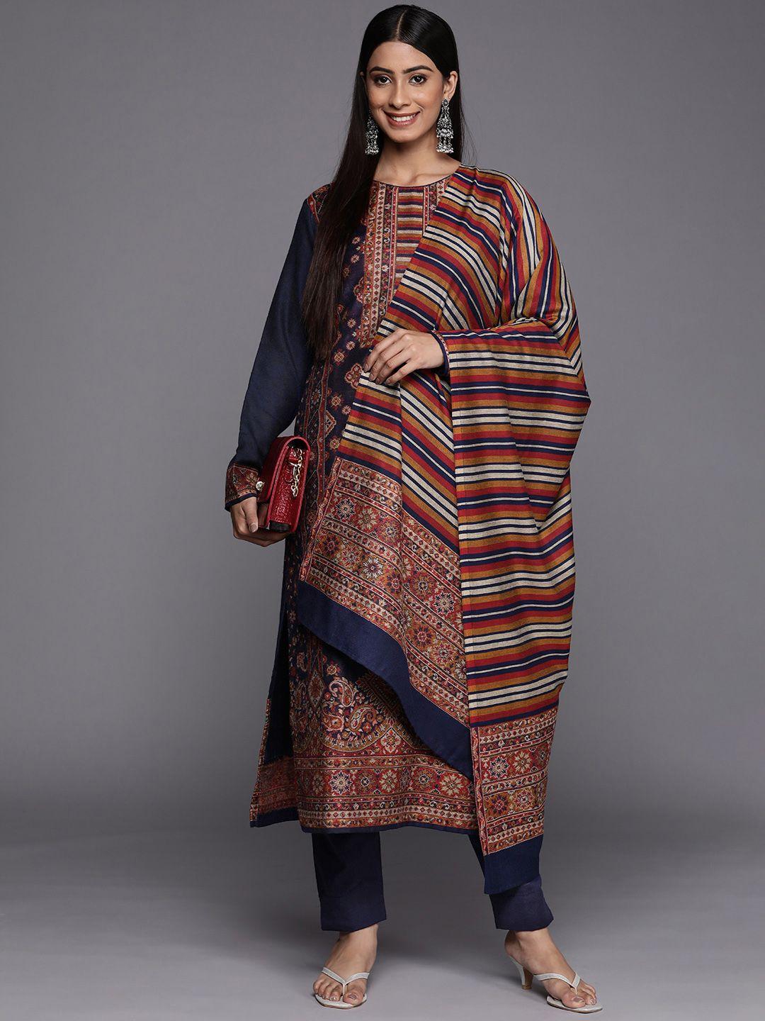 inddus navy blue & orange printed woven pashmina winter wear unstitched dress material