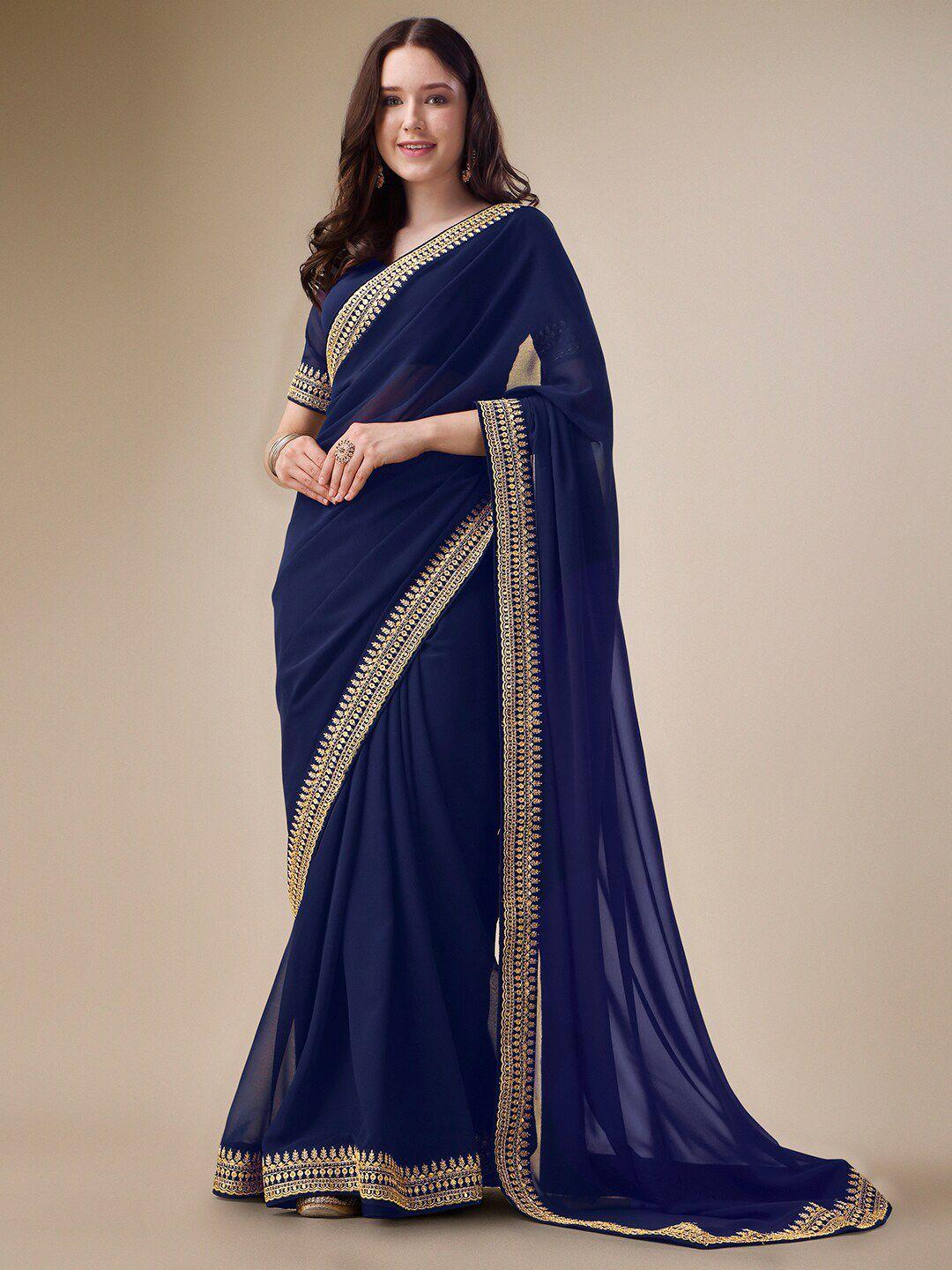 inddus navy blue and gold-toned embroidery detailed saree