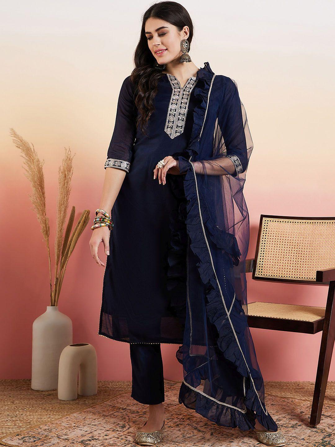 inddus navy blue ethnic motifs yoke design chanderi cotton kurta with trousers & dupatta