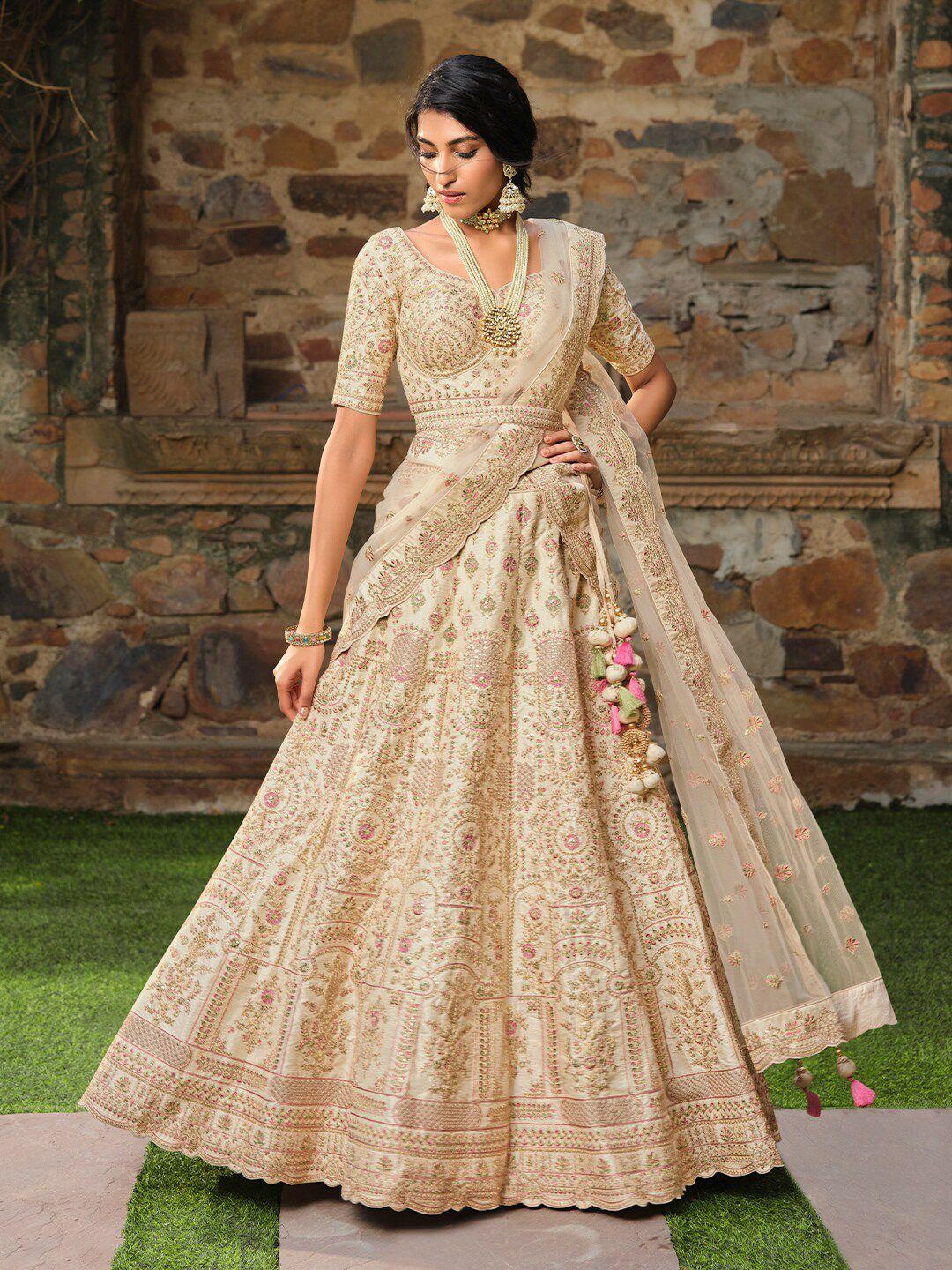 inddus off white & pink embroidered thread work semi-stitched lehenga & unstitched blouse with dupatta