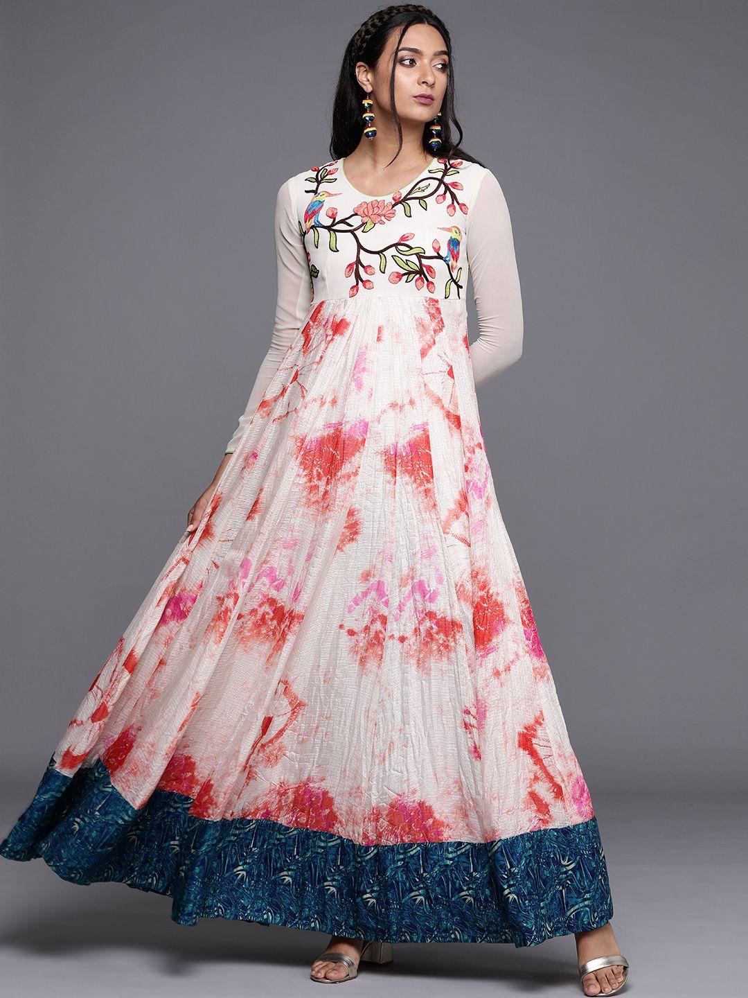 inddus off white & red tie and dye yoke embroidered tiered gown