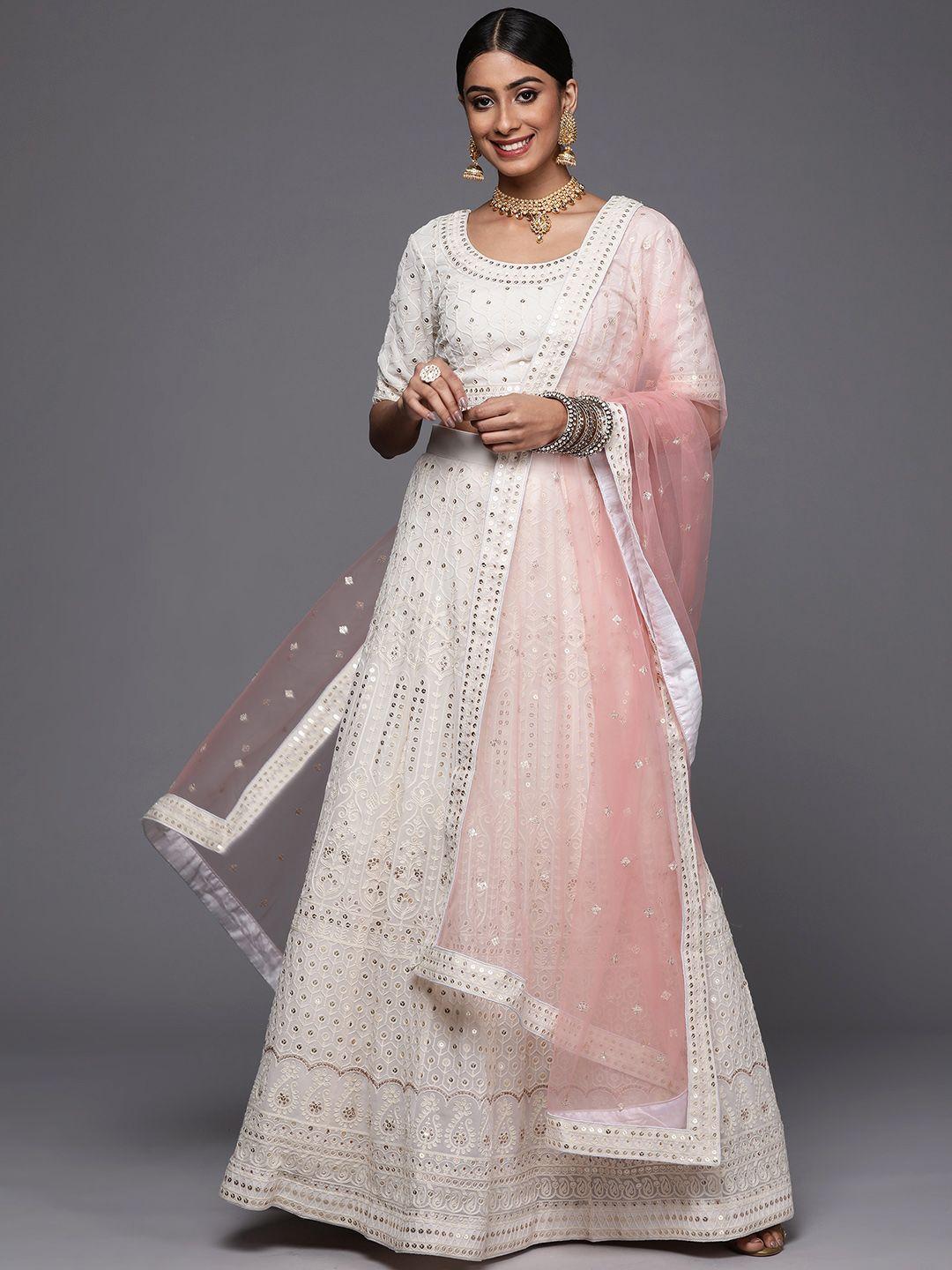 inddus off white embroidered semi-stitched lehenga & unstitched blouse with dupatta