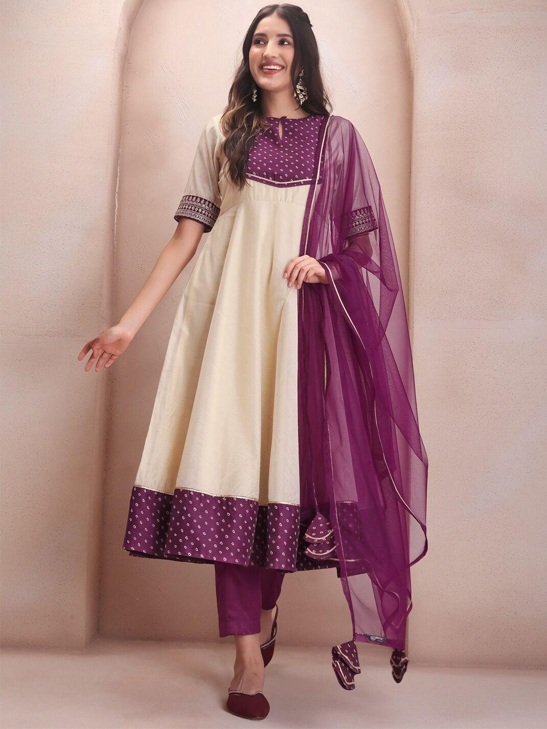 inddus off white ethnic motifs printed gotta patti anarkali kurta with trousers & dupatta