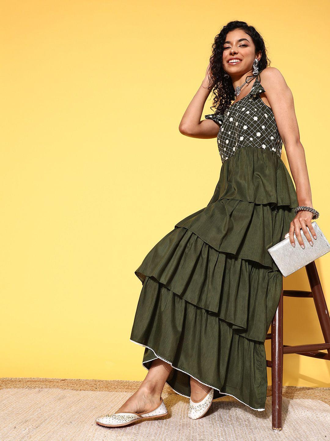 inddus olive green & white embroidered layered maxi dress