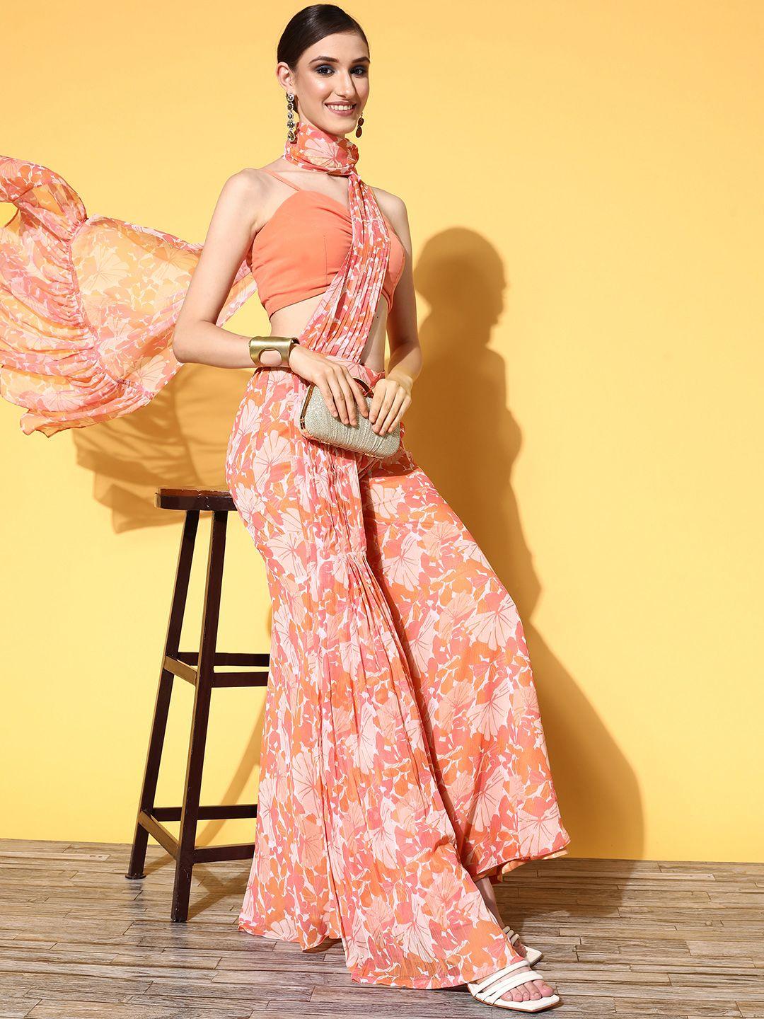 inddus orange & pink floral ruffled palazzo drape saree
