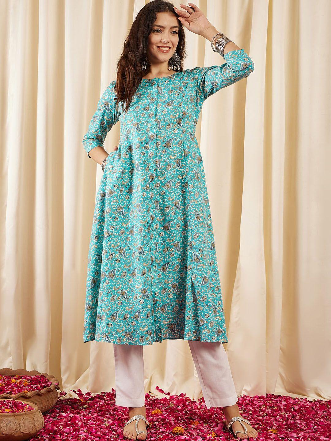 inddus paisley printed panelled cotton a-line kurta