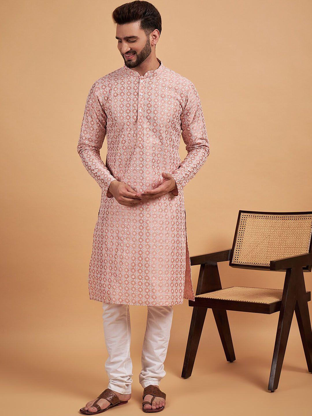 inddus peach-coloured ethnic motif embroidered chikankari straight kurta