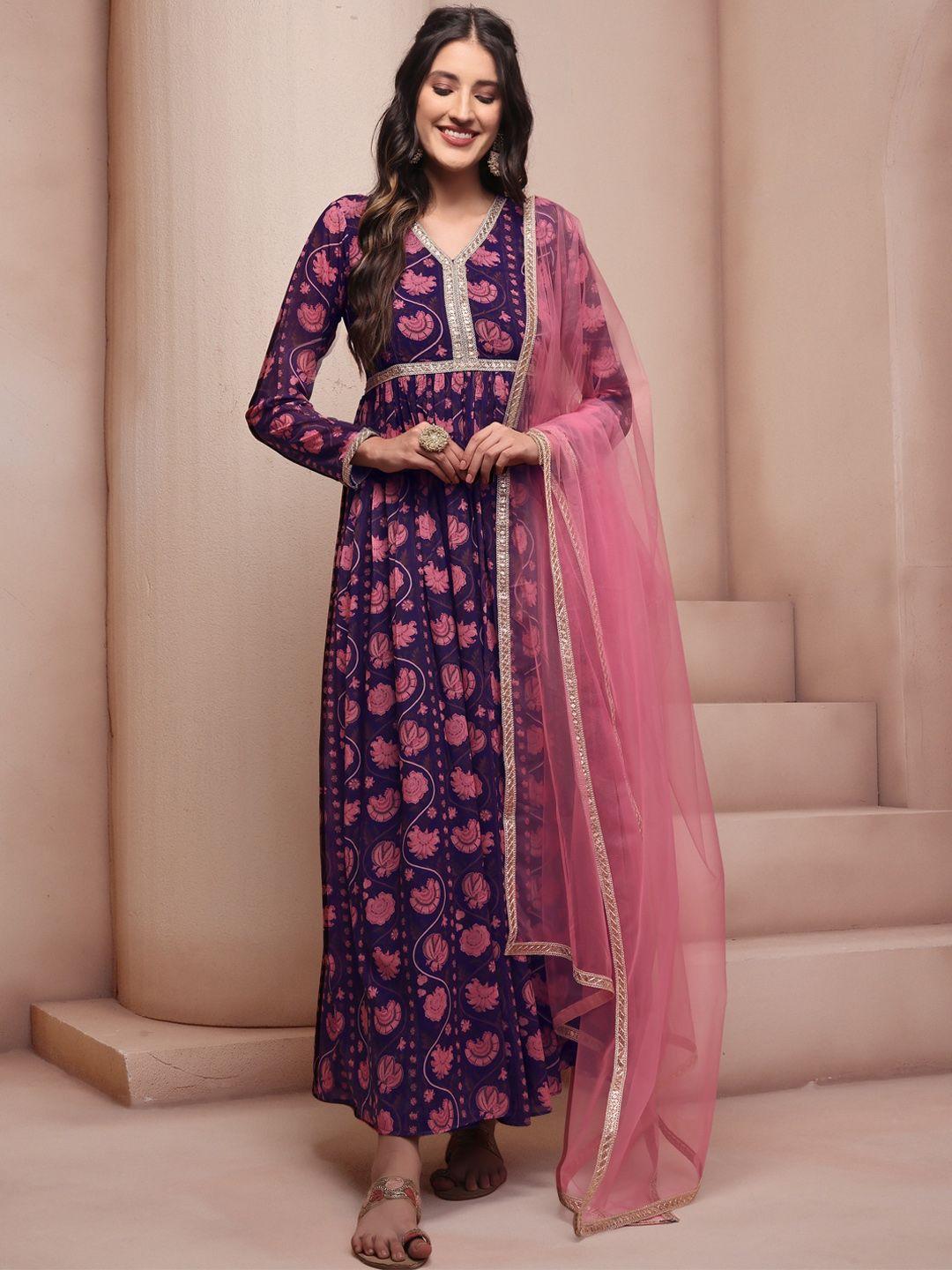 inddus pink & blue ethnic motifs printed georgette anarkali kurta