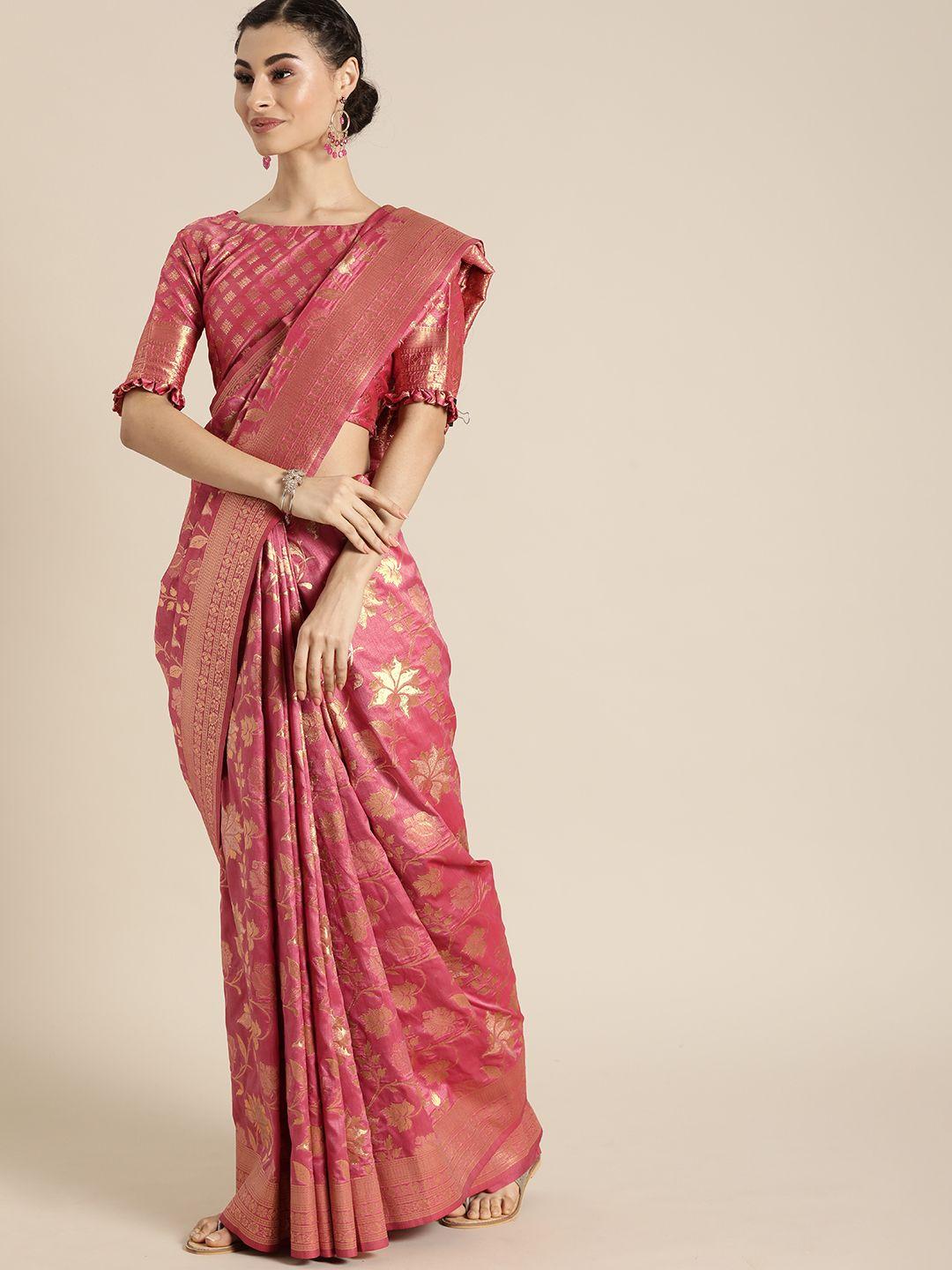 inddus pink & gold-toned silk blend woven design banarasi saree