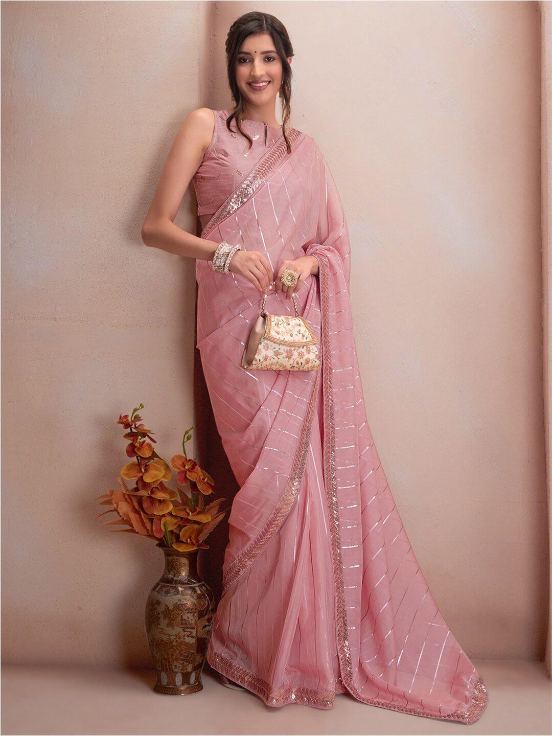 inddus pink & silver-toned striped sequinned organza saree