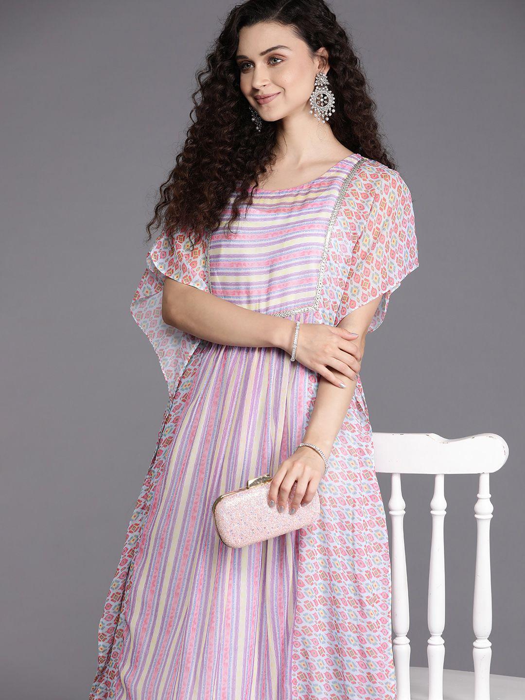 inddus pink & white striped chiffon ethnic kaftan midi dress