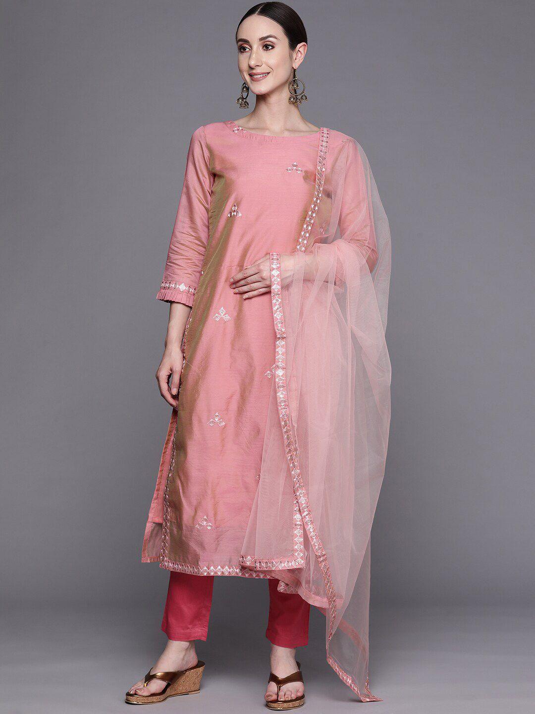 inddus pink embroidered sequined a-line chanderi cotton kurta with trousers & dupatta