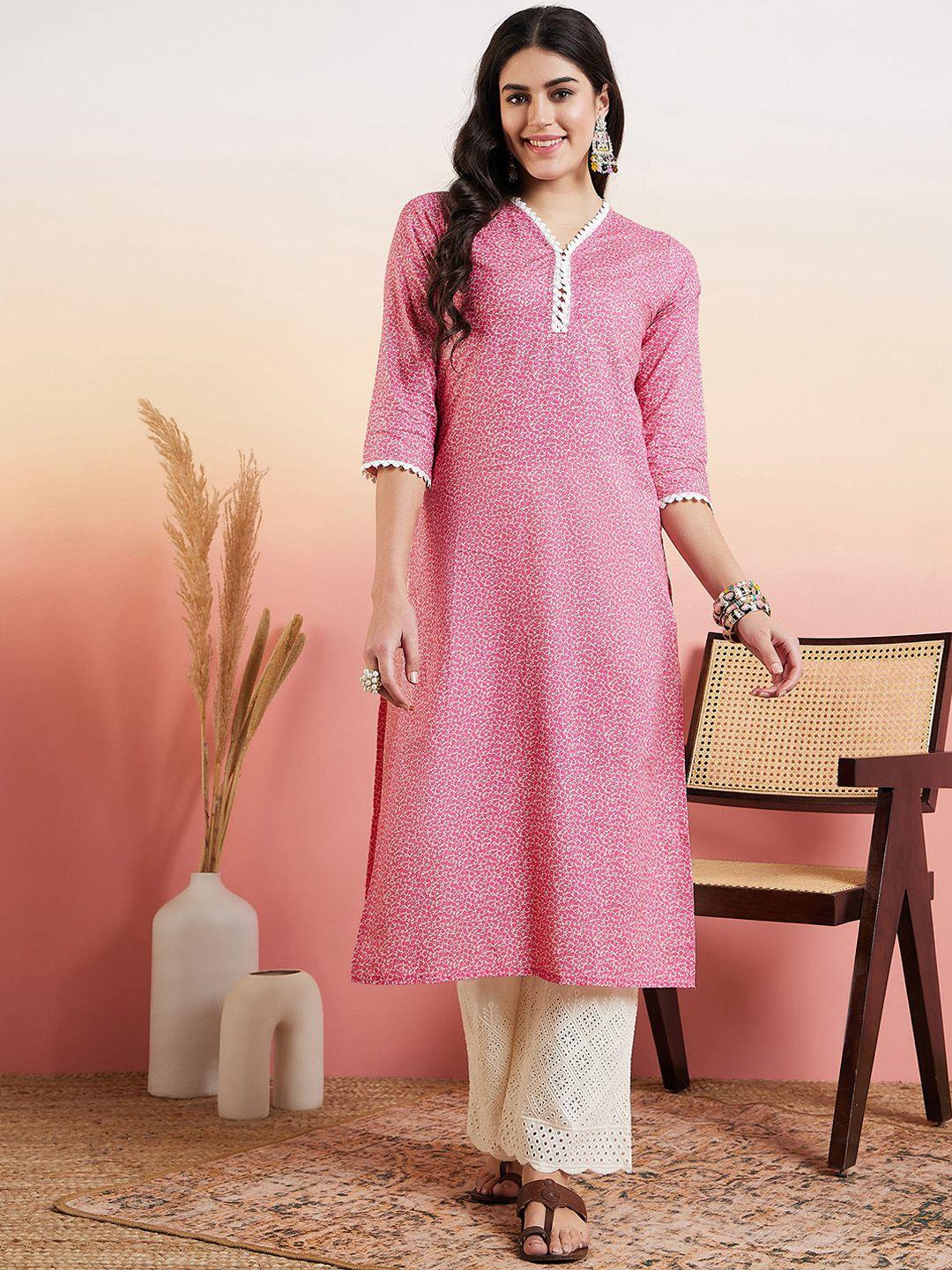 inddus pink ethnic motifs printed straight pure cotton kurta with palazzo