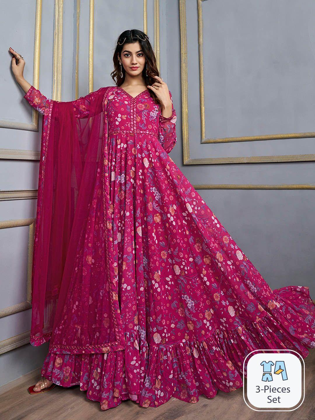 inddus pink floral printed v-neck sequinned anarkali kurta with dupatta