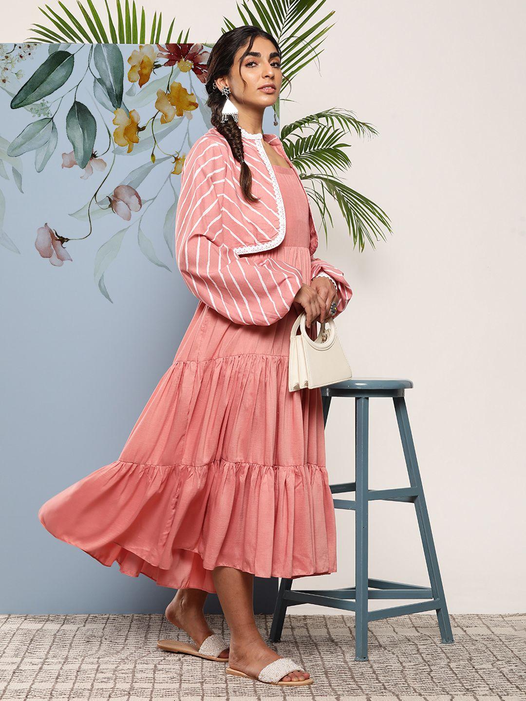 inddus pink striped layered ethnic midi dress