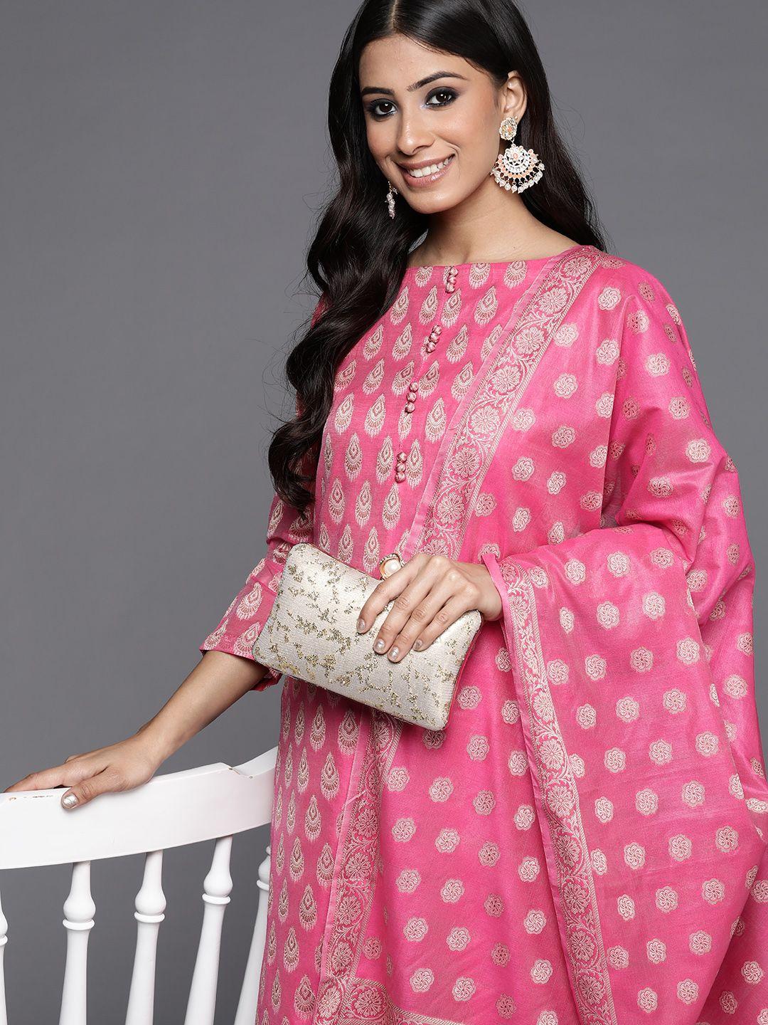 inddus pink woven design banarasi cotton unstitched dress material