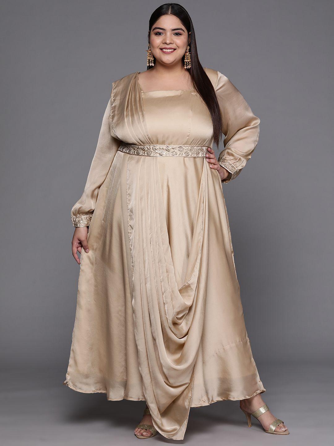 inddus plus beige solid satin maxi gown with draped dupatta