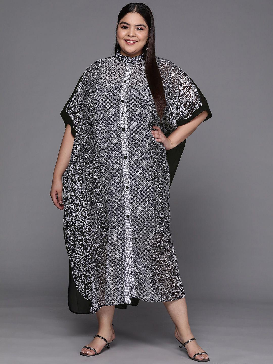 inddus plus black & off white printed georgette kaftan maxi dress