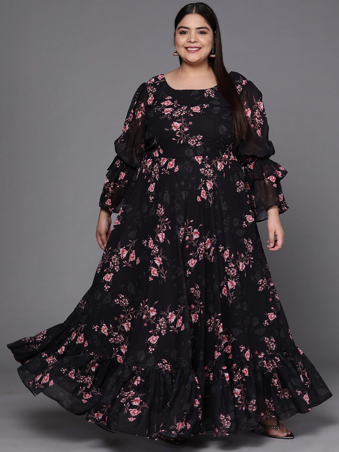 inddus plus black & pink floral print georgette ethnic maxi dress