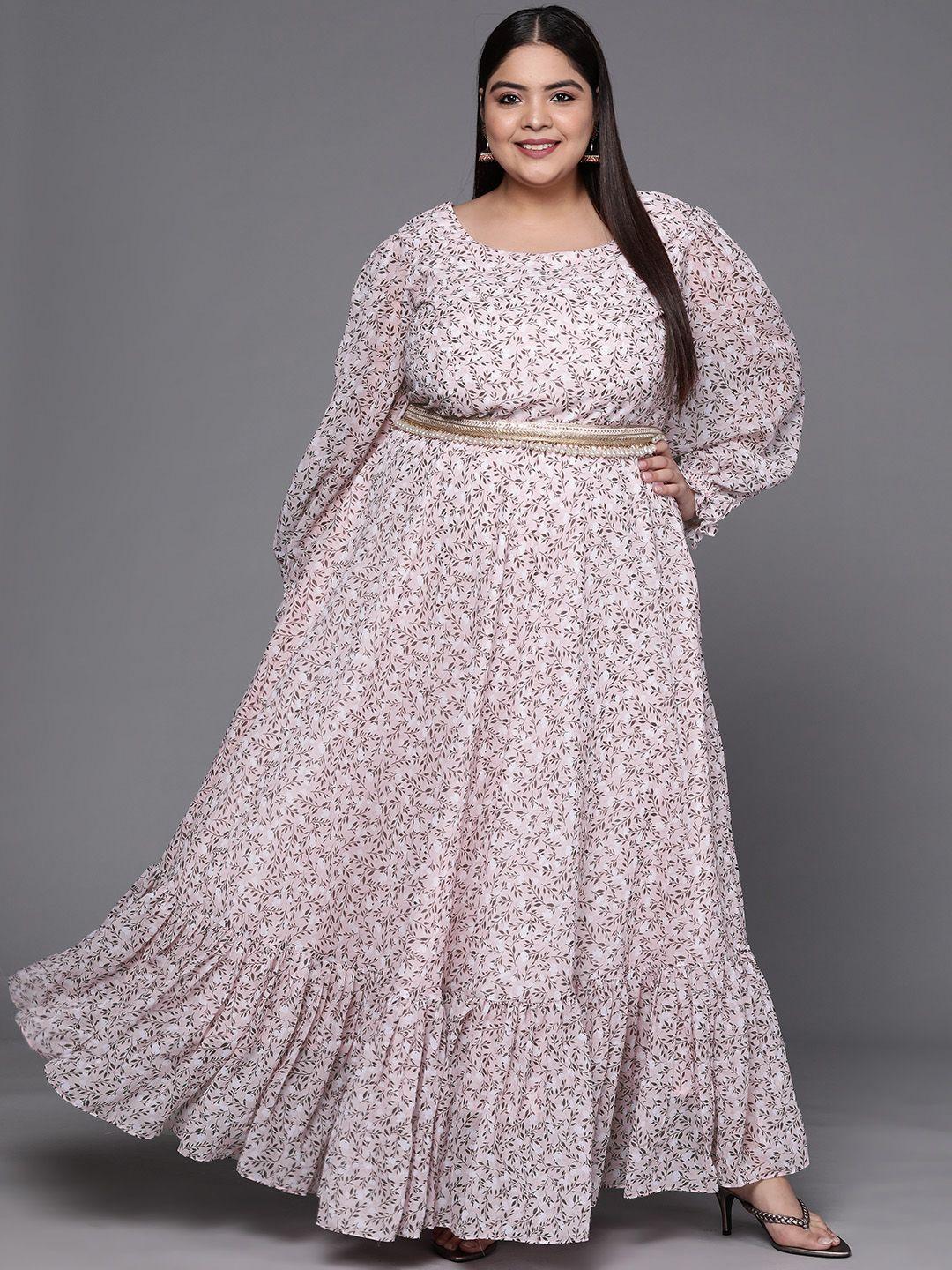 inddus plus pink & grey floral print georgette ethnic maxi dress
