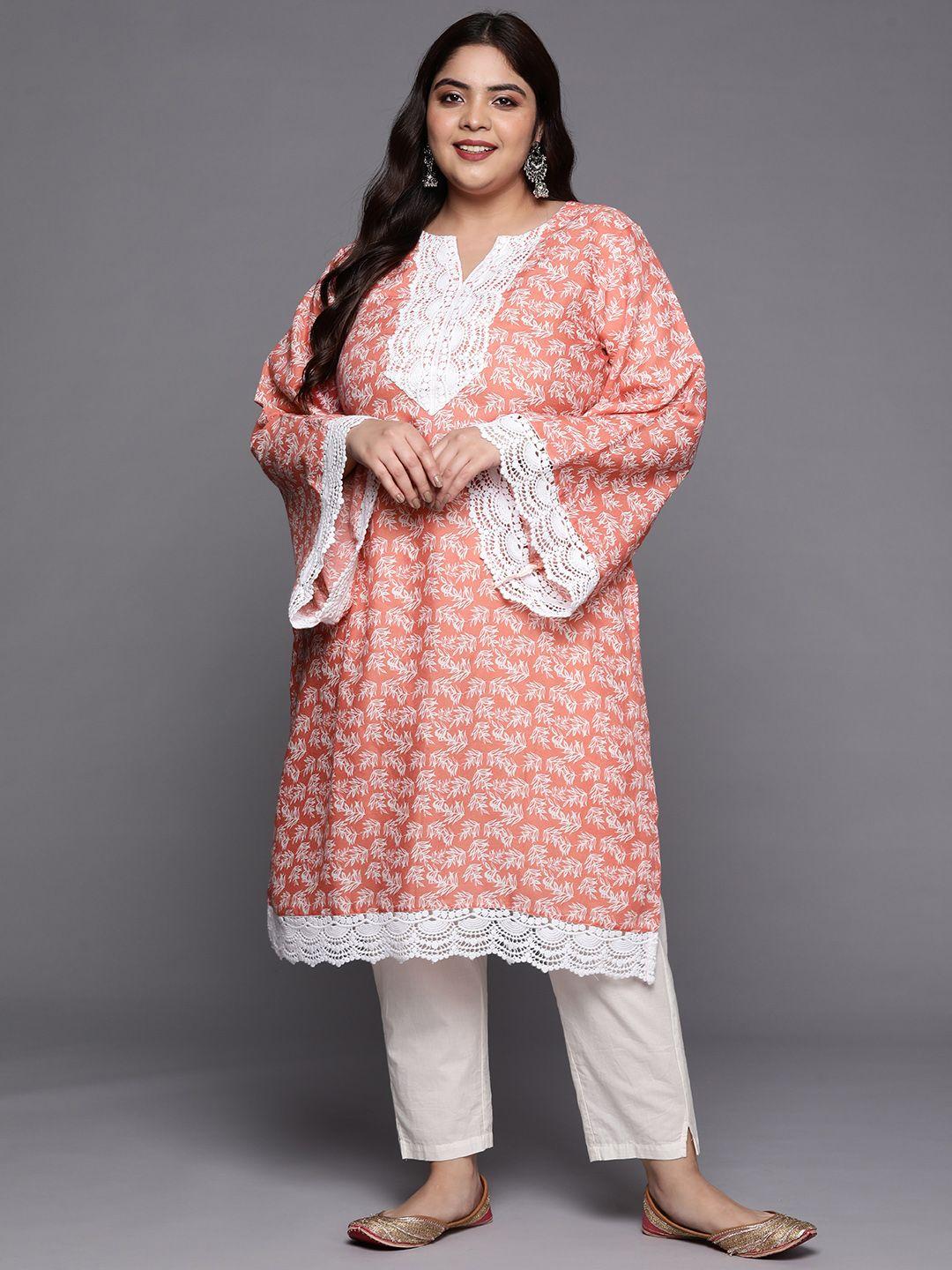 inddus plus women floral printed flared sleeves thread work plus size kurta