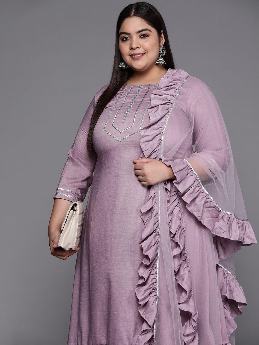 inddus plus women lavender gotta patti kurta with trousers & with dupatta