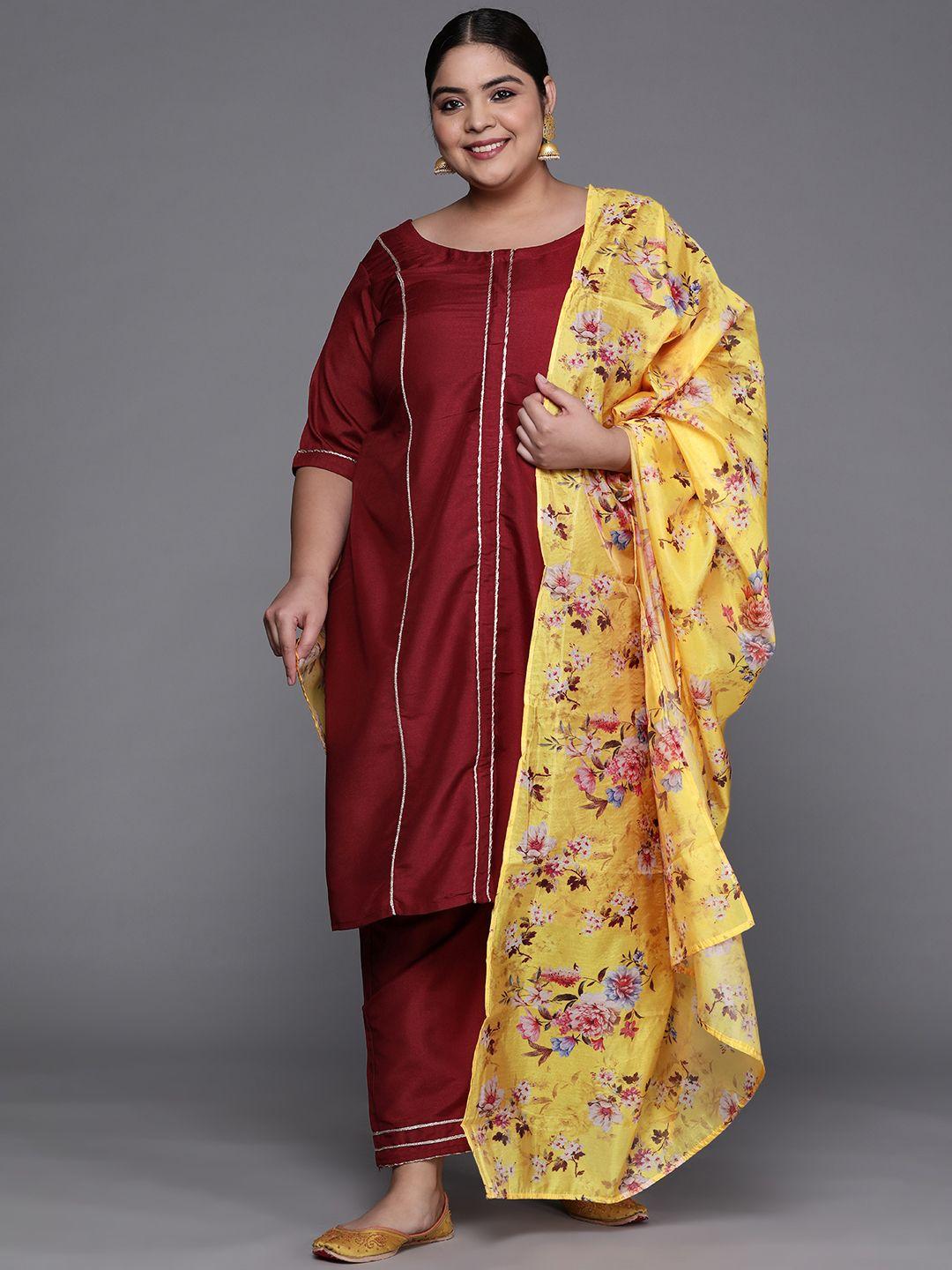 inddus plus women maroon gotta patti kurta with trousers & with dupatta