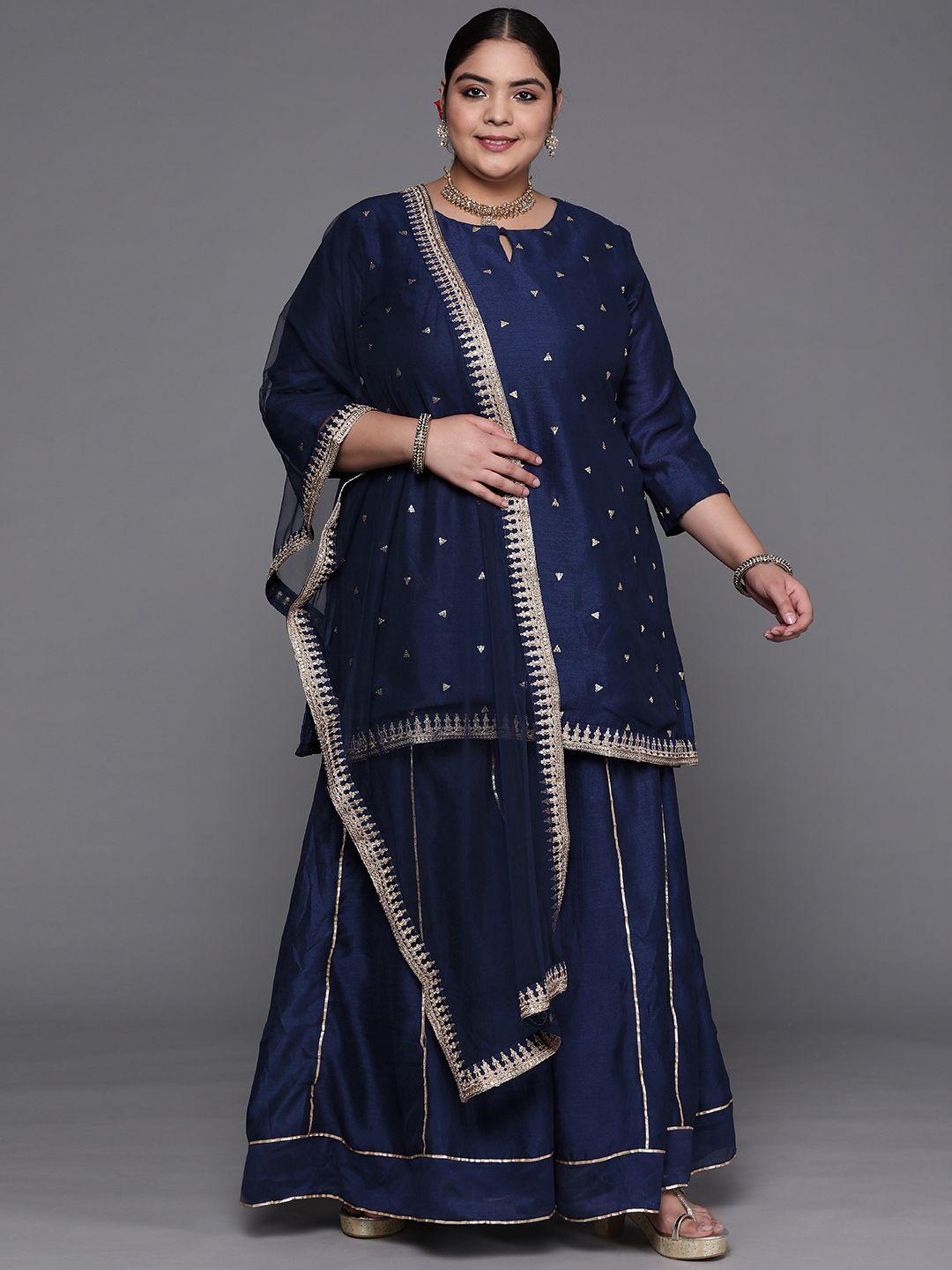 inddus plus women navy blue embroidered sequinned kurta with sharara & with dupatta