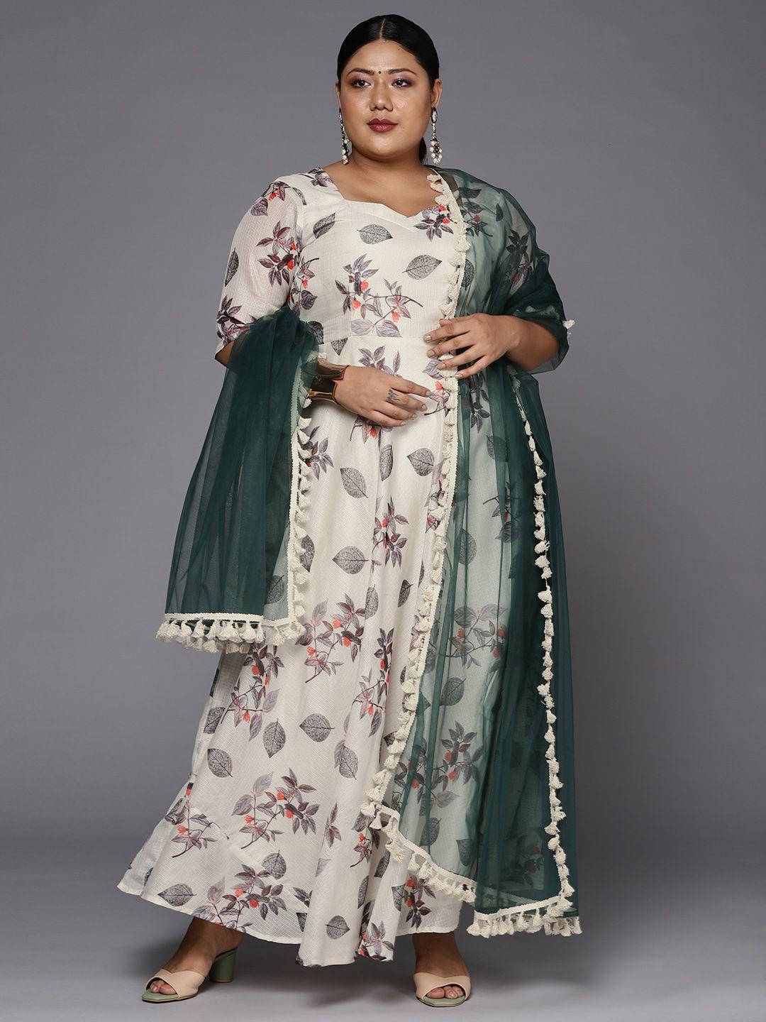 inddus plus women off white & grey floral printed plus size anarkali kurta with dupatta