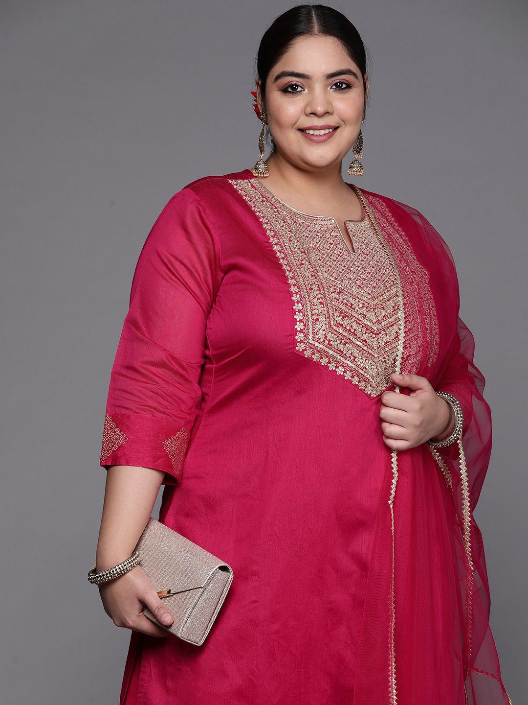 inddus plus women pink embroidered kurta with palazzos & with dupatta