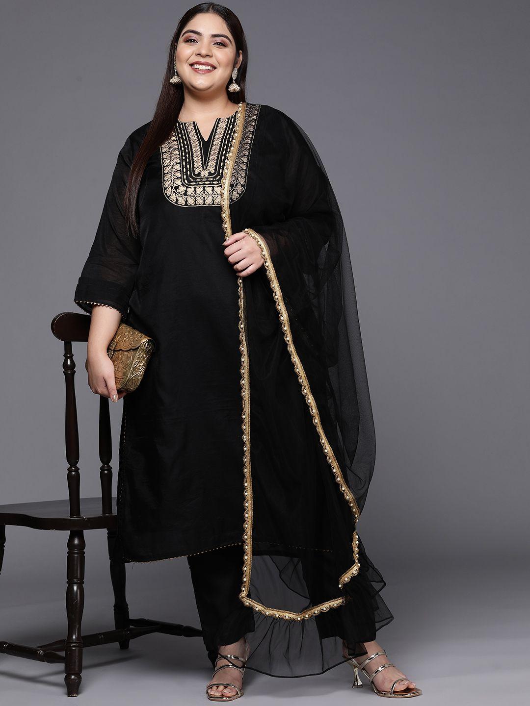 inddus plus women plus size yoke design chanderi cotton kurta with trousers & dupatta