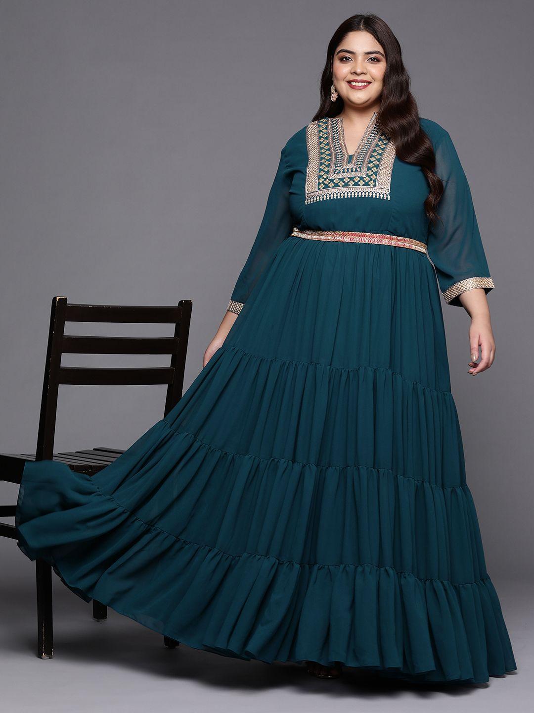 inddus plus women plus size yoke design embroidered ethnic maxi gown