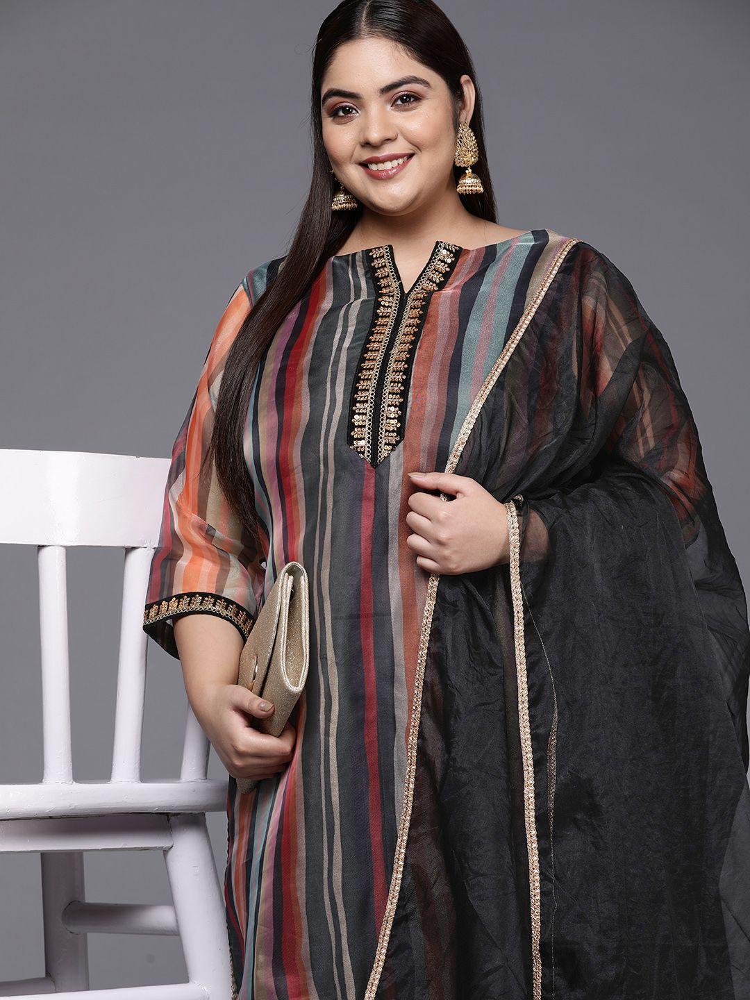 inddus plus women striped sequinned straight kurta with trousers & with dupatta