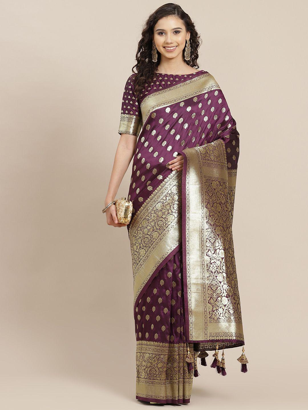 inddus purple & golden ethnic motifs zari silk blend banarasi saree