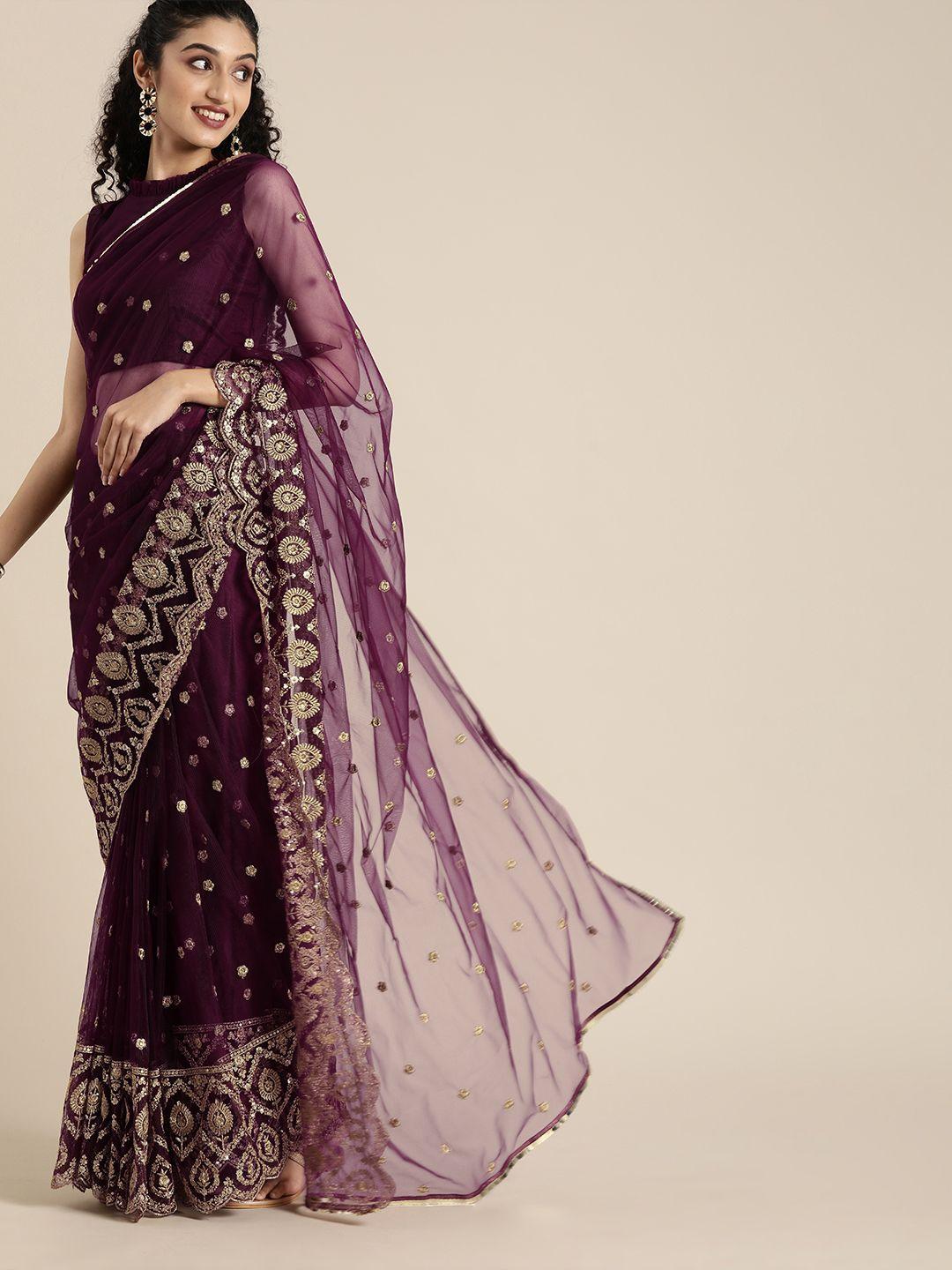 inddus purple embroidered net celebrity saree