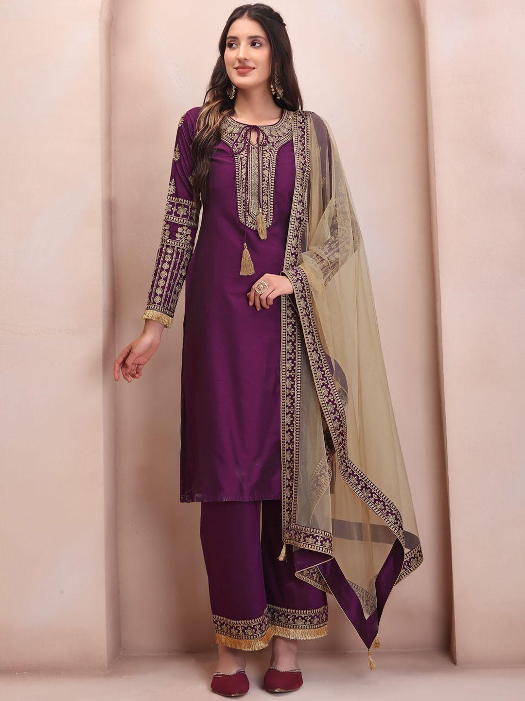 inddus purple ethnic motifs embroidered kurta & trousers with dupatta