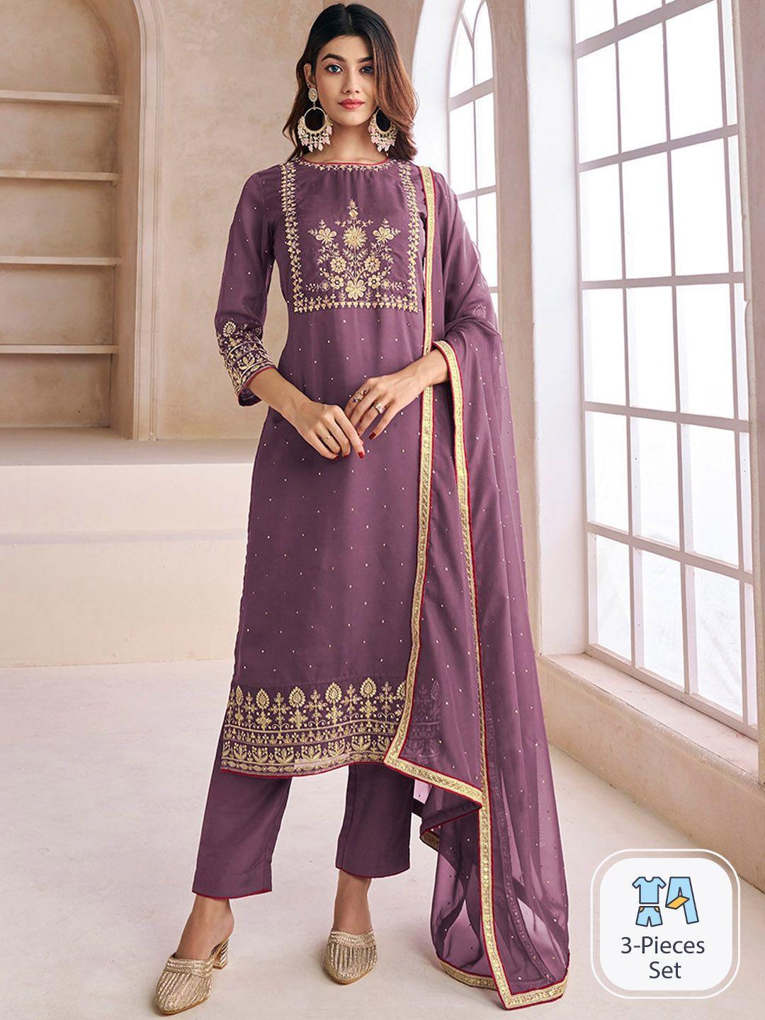 inddus purple floral embroidered yoke & border zari straight kurta & trousers with dupatta