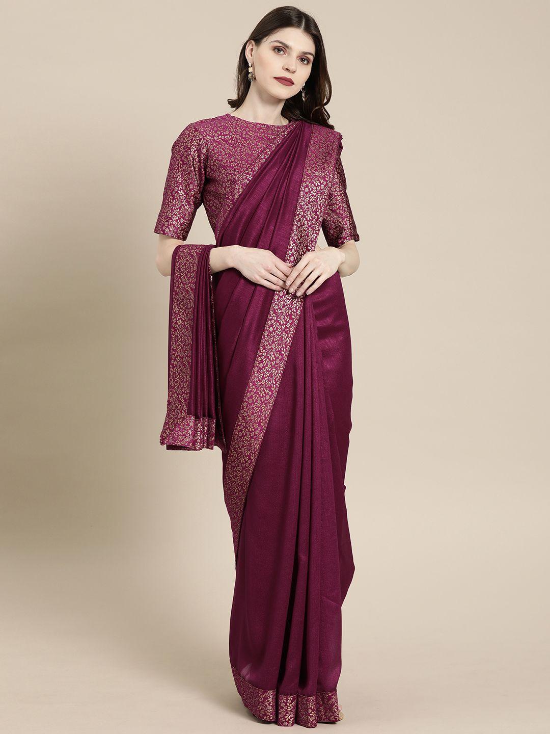 inddus purple solid silk blend saree