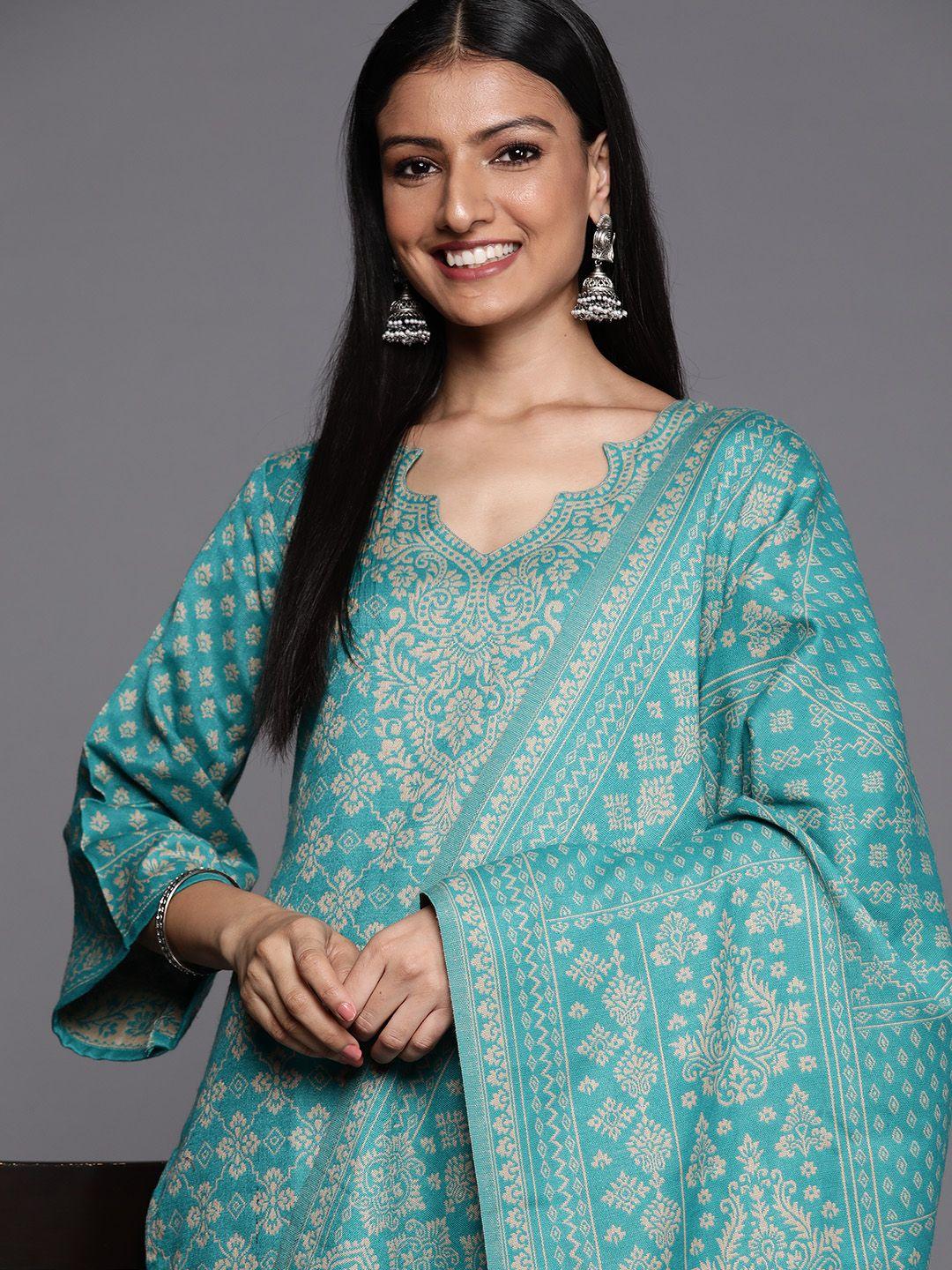 inddus rama green & beige woven design pashmina winter wear unstitched dress material
