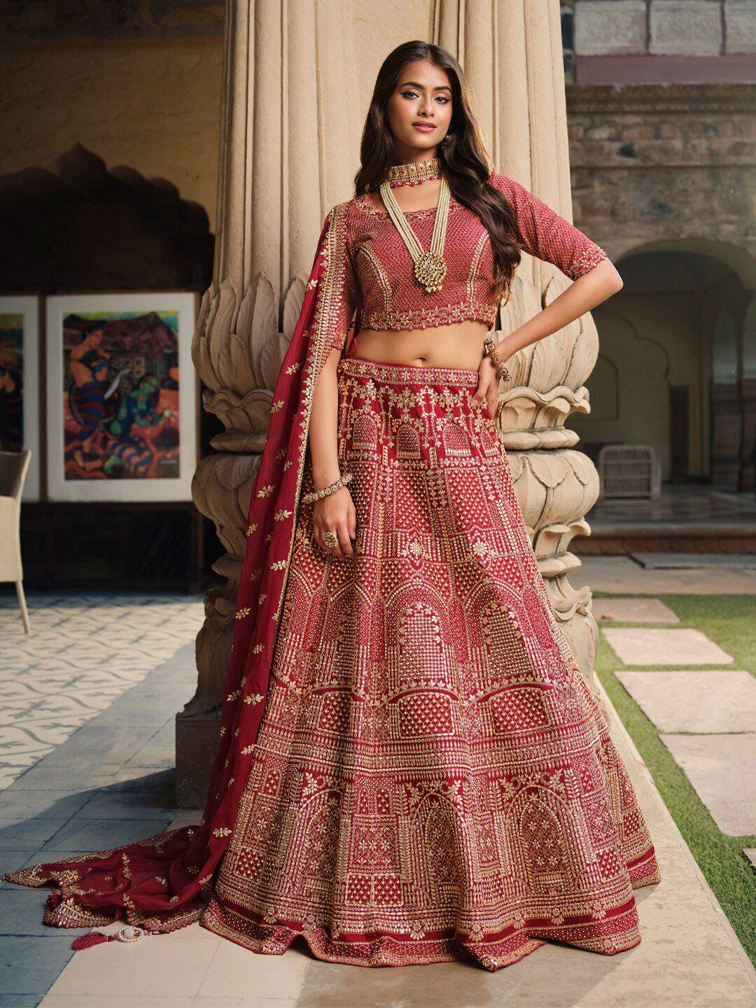 inddus red & gold-toned embroidered beads and stones semi-stitched lehenga & unstitched blouse with dupatta