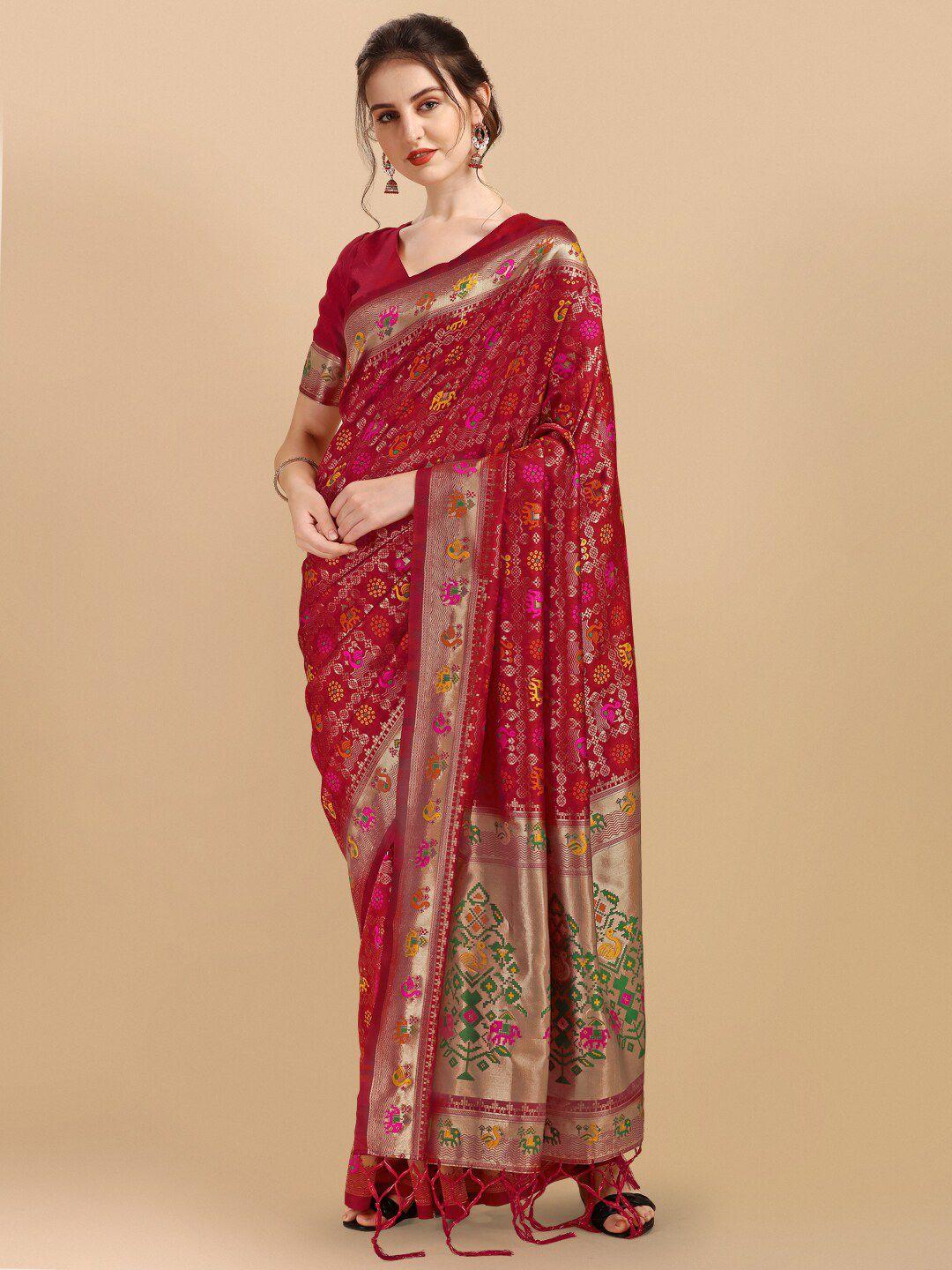 inddus red & gold-toned woven design silk blend patola saree