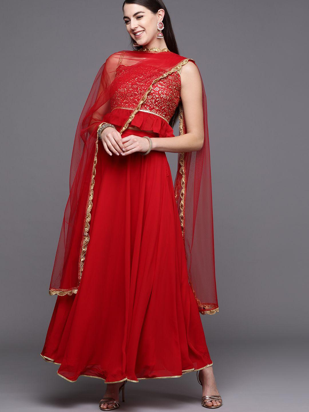 inddus red & golden embroidered semi-stitched lehenga & unstitched blouse with dupatta