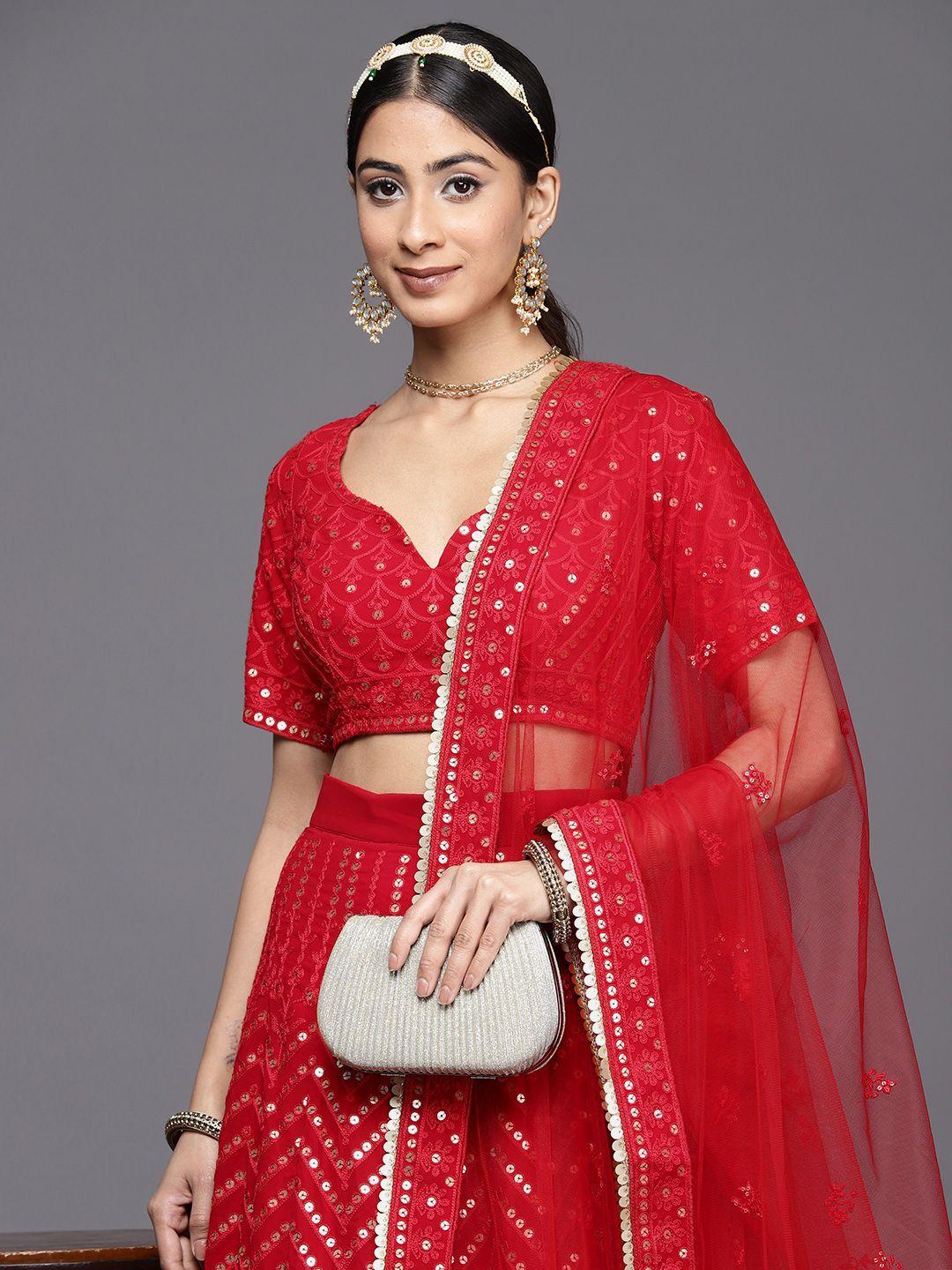 inddus red embroidered sequinned semi-stitched lehenga & unstitched blouse with dupatta