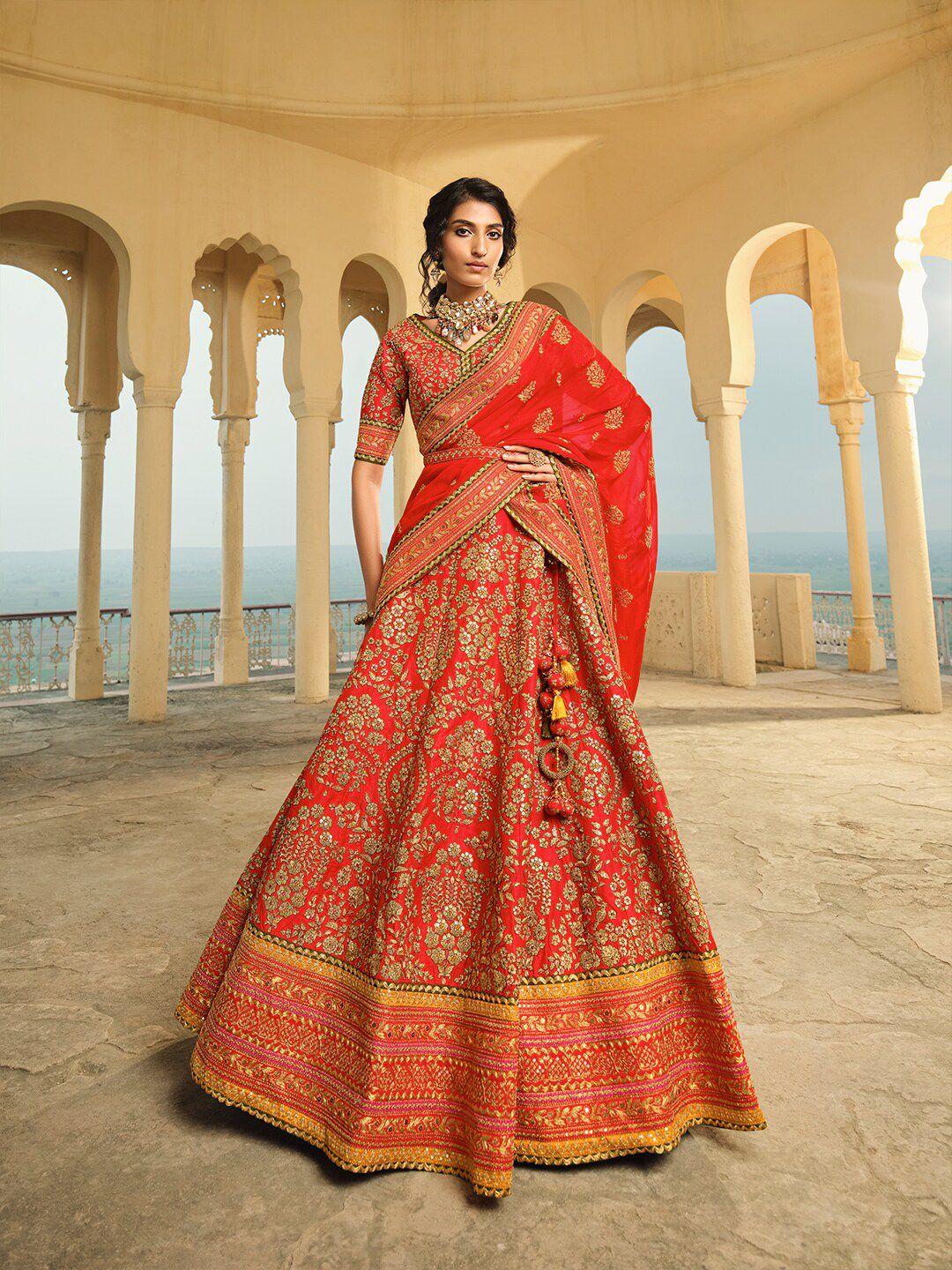 inddus red embroidered thread work semi-stitched lehenga & unstitched blouse with dupatta