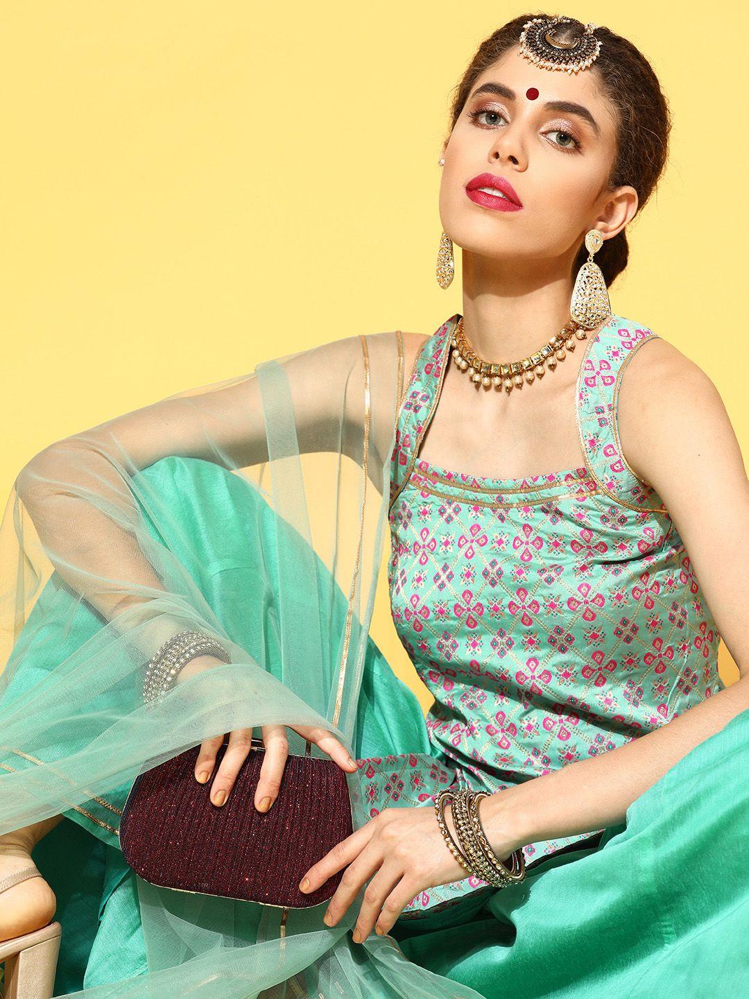 inddus sea green & pink brocade woven design kurta with palazzos & dupatta