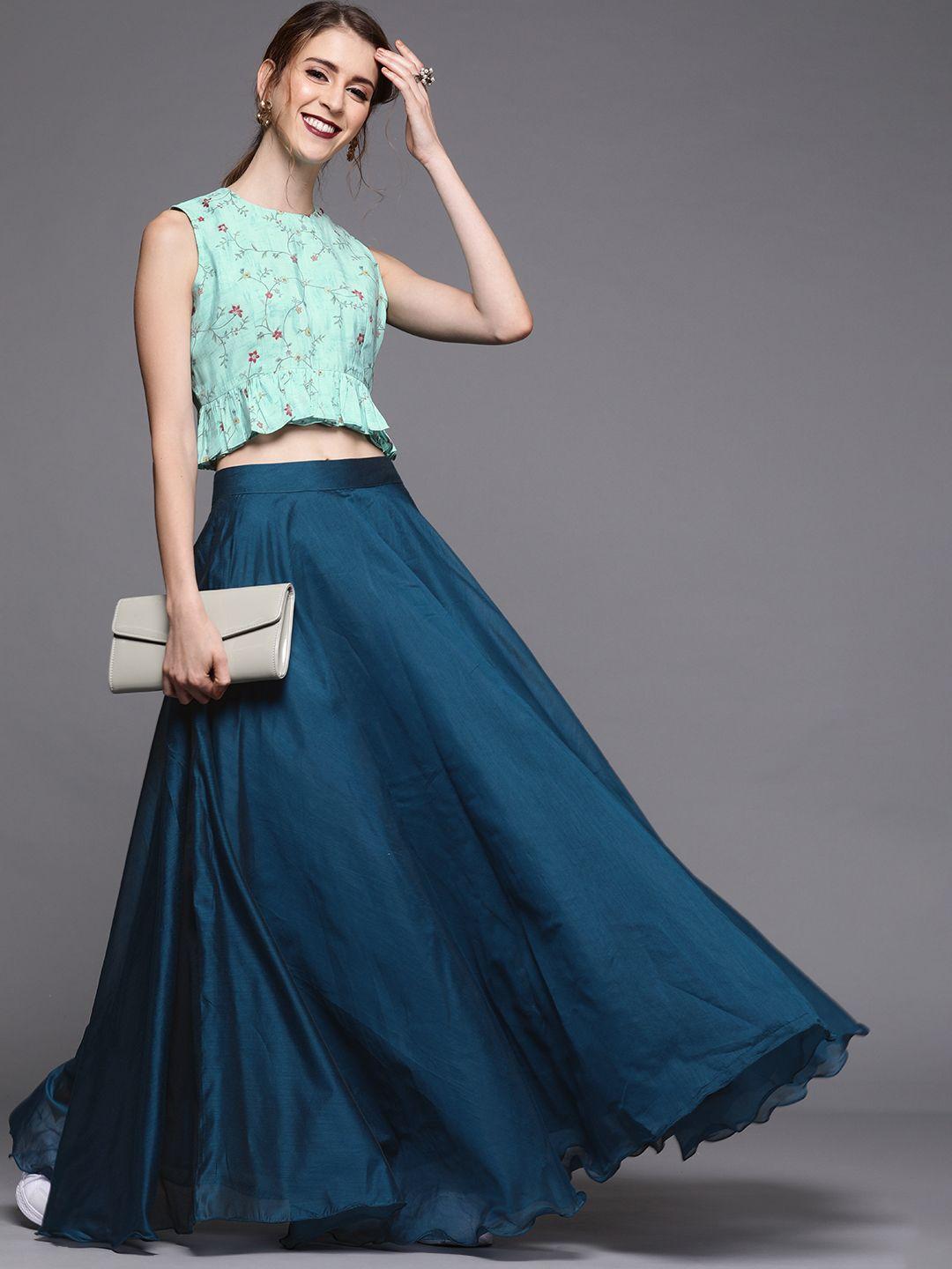 inddus sea green & teal blue embroidered crop top with skirt