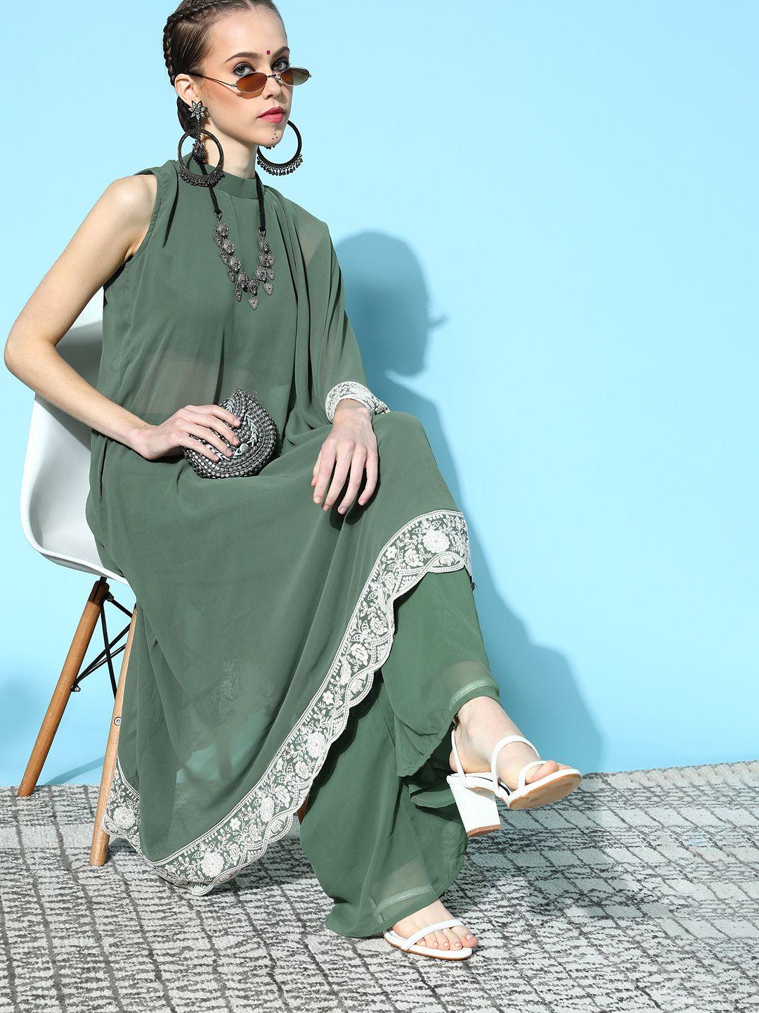 inddus solid poly-georgette scalloped edge kurta set