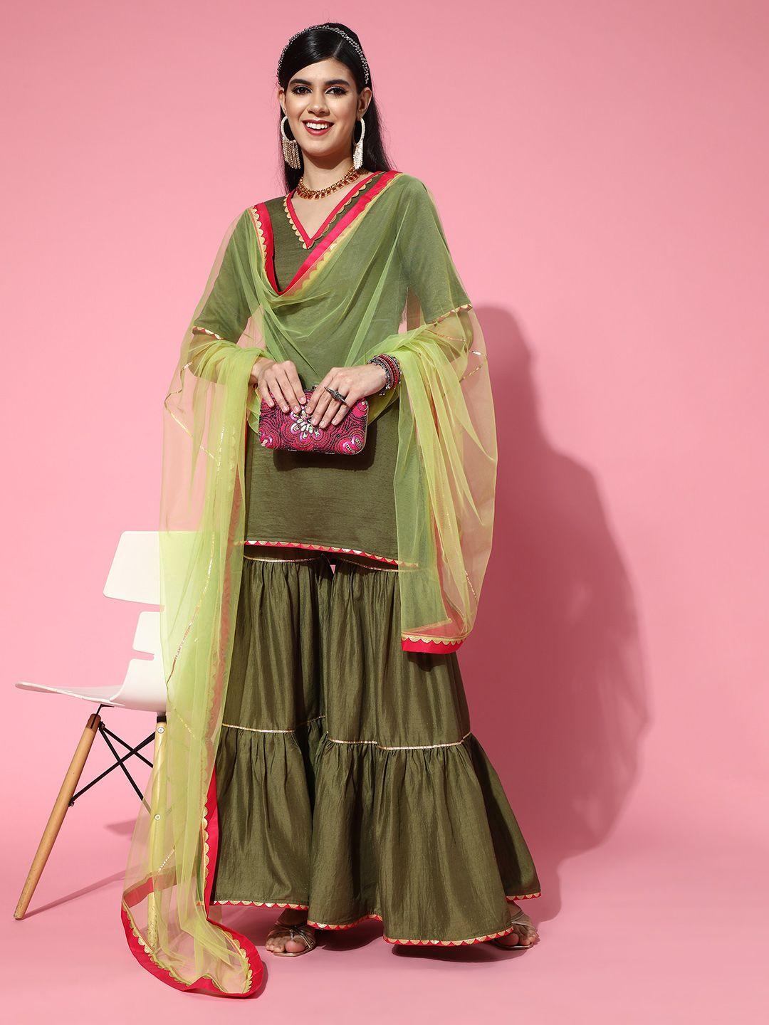 inddus solid silk blend scalloped edge kurta set