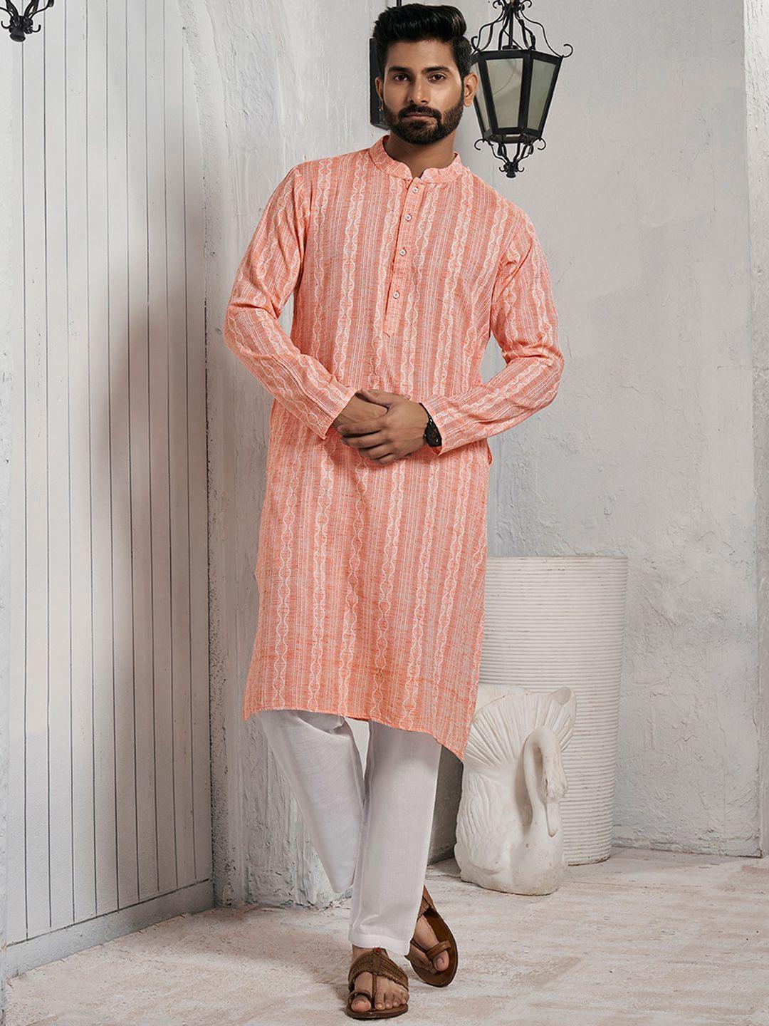 inddus striped mandarin collar cotton straight kurta