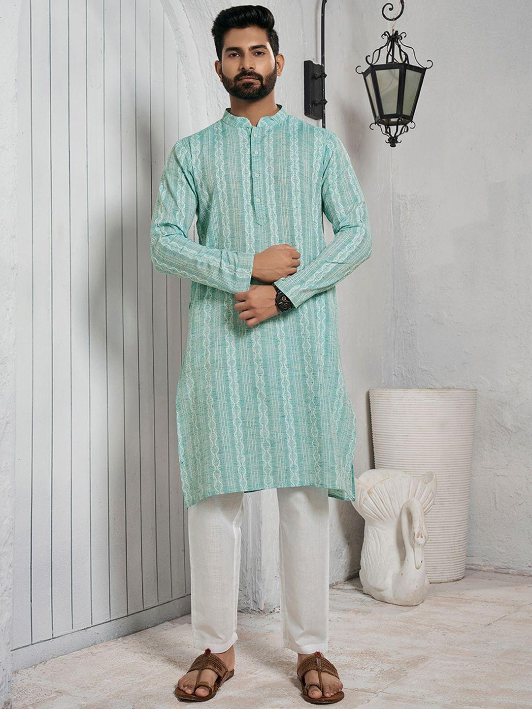 inddus striped mandarin collar cotton straight kurta